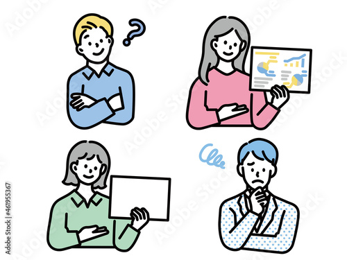 考える、悩む男女のイラスト(迷う、疑問、為になる、発見、情報、プラン、心配) worry ,Concerns, deadlines, distress, pain, busyness, impatience, have a headache, Businesswoman head have smoke. Concept business