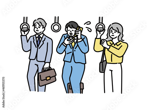 電車に乗る、つり革を掴むイラスト(通勤、通学、トラブル、電話、マナー、迷惑、謝罪、交通) An illustration of getting on a train and grabbing a strap.Commuting, commuting, trouble, telephone, manners, inconvenience, apology, transportation.