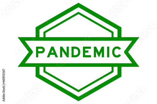 Vintage green hexagon label banner with word pandemic in color on white background