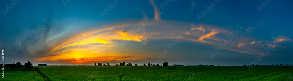 Panorama beautiful sunset with dark cloud over rice field in Thailand.blue sky with clouds.Vivid Fiery orange sunset sky.Beautiful sky.Sunrise with cloud over rice field. Panorama beautiful sunset with dark cloud over rice field in Thailand.blue sky with clouds.Vivid Fiery orange sunset sky.Beautiful sky.Sunrise with cloud over rice field.