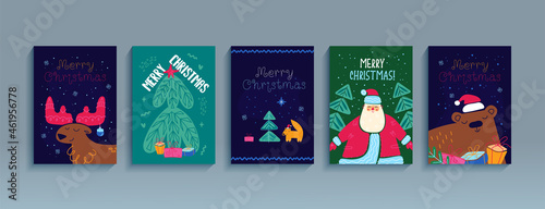 Merry Christmas set of posters, greeting cards, flyers. Happy New Year cute cartoon illustration. Vector
