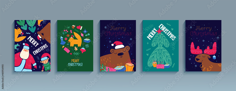 Merry Christmas set of posters, greeting cards, flyers. Happy New Year cute cartoon illustration. Vector