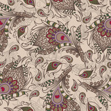 Vector illustration. Ethnic wallpaper from decorative feathers. Luxurious seamless pattern of peacock feathers in oriental, Indian style. Background for fabrics, textiles, postcards and bed linen.