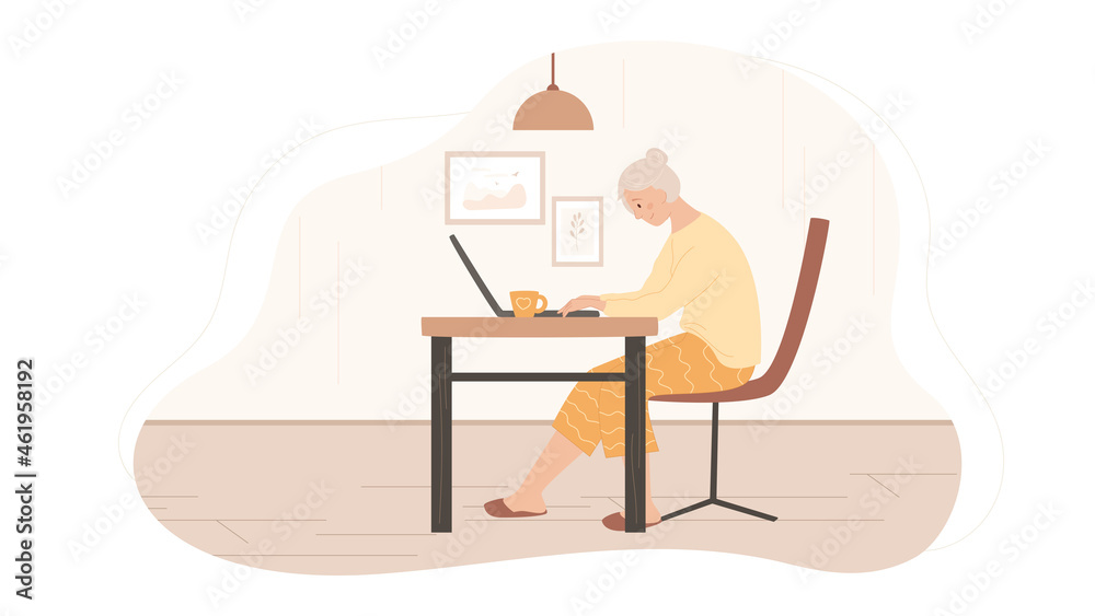 Grandmother with laptop. Elderly woman sitting at the table and watching in the computer. Female at cozy home. Happy character use gadget. Vector illustration. Grandmother with laptop. Elderly woman sitting at the table and watching in the computer. Female at cozy home. Happy character use gadget. Vector illustration.