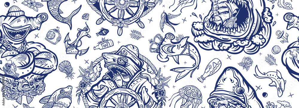 Sharks. Sea wolf, captain in the sea, sailor at helm. Old school tattoo seamless pattern. Jellyfish, anchor, underwater life. Strong hammerhead shark fish - obrazy, fototapety, plakaty 