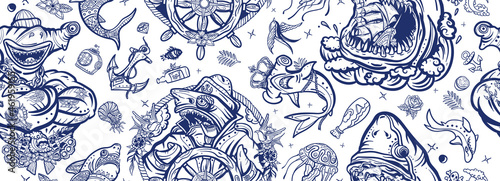 Sharks. Sea wolf, captain in the sea, sailor at helm. Old school tattoo seamless pattern. Jellyfish, anchor, underwater life. Strong hammerhead shark fish