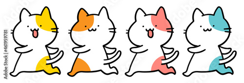 一列に並んで行進するかわいい手描き風ねこたちのイラスト
