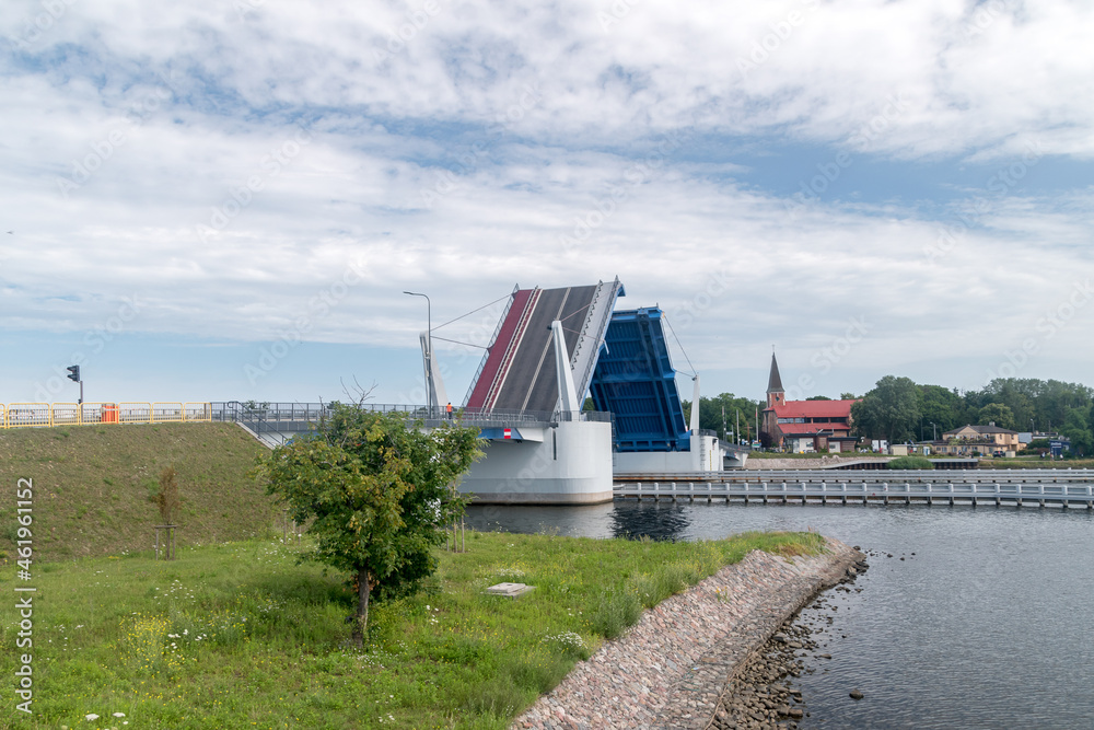 Raised drawbridge over Martwa Wisla river. Bridge to Sobieszewo Island. Raised drawbridge over Martwa Wisla river. Bridge to Sobieszewo Island.