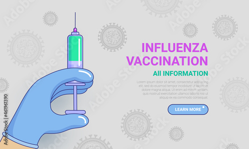Influenza vaccination, injection of flu vaccine landing page. Hand press syringe ready to inject shot. Prevention of spread diseases, healthcare, medicare website, banner vector illustration