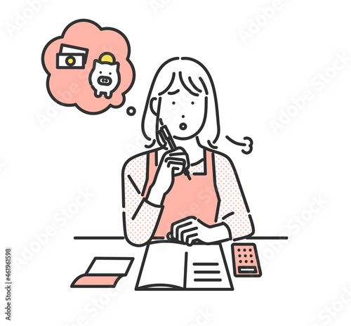 家計簿をつける主婦の女性のイメージイラスト素材