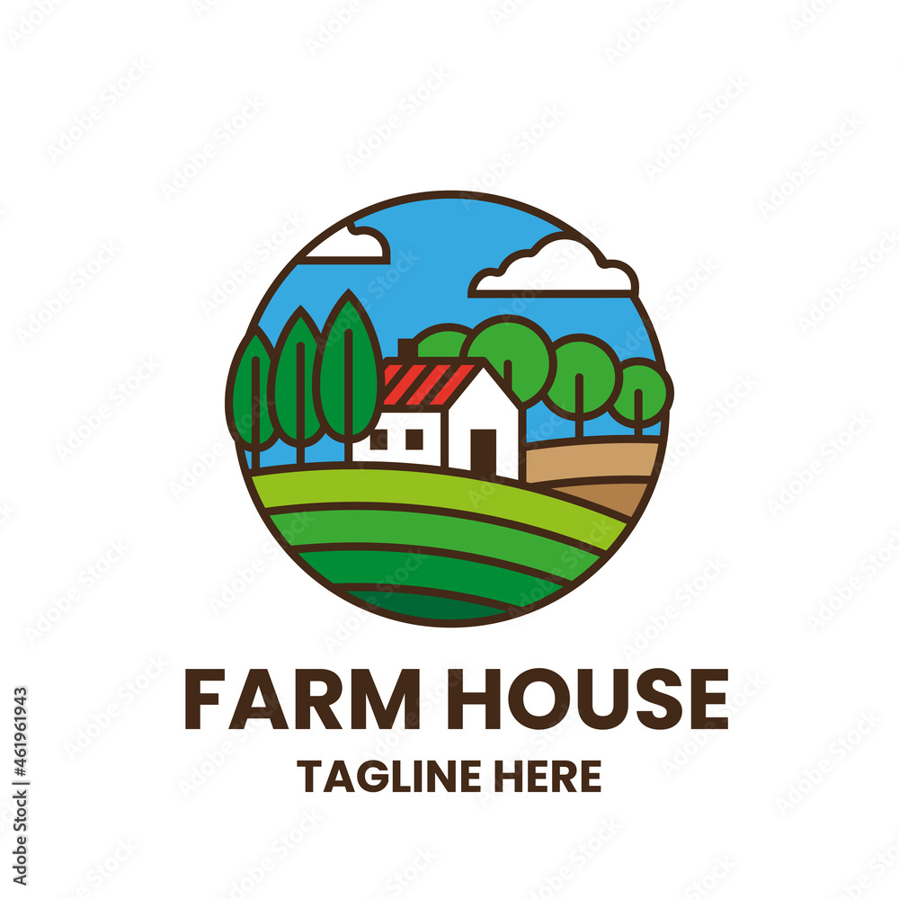 Farmhouse logo template. Colorful emblem with field, trees and house. Stock vector illustration.