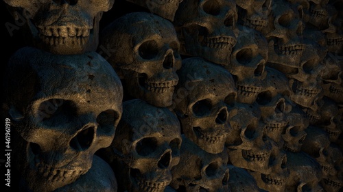 Catacombs - Apocalyptic scenery with human skulls. 3D rendering