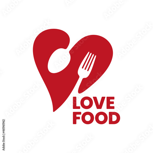 Love Food logo template. Abstract fork and spoon in a heart shape. One color stock vector emblem.