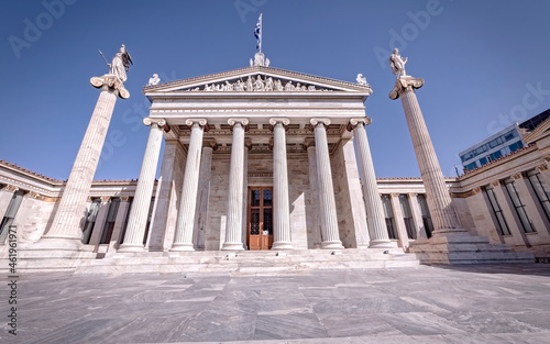 an impressive perspective view of the national academy of Athens neoclassical building front facade, Greece