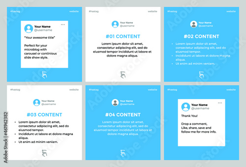 Microblog carousel slides template for instagram. Six pages with sky blue quote status theme.