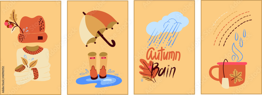 Vector set of autumn posters. Ready-made autumn compositions. Collection of scrapbook autumn rain. Bright background.
