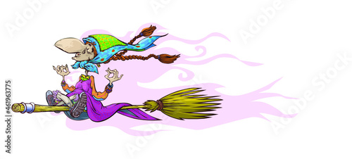 Cartoon of a slavic witch (Baba Yaga) flying on a broom in yoga pose. (ID: 461963775)