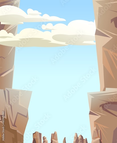 Rocky mountain gorge. Stone rocky landscape. High peaks and cliffs. Sky with clouds. Illustration vector