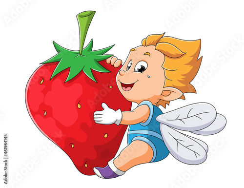 The baby with the fly wings is hugging the strawberry