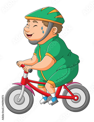 The fat man is cycling with the bicycle