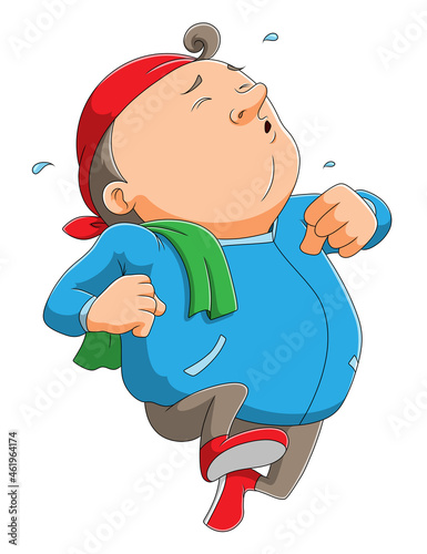 The tired man is running with the sweat on the face
