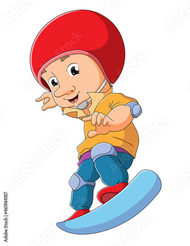 The little boy is playing the skateboard