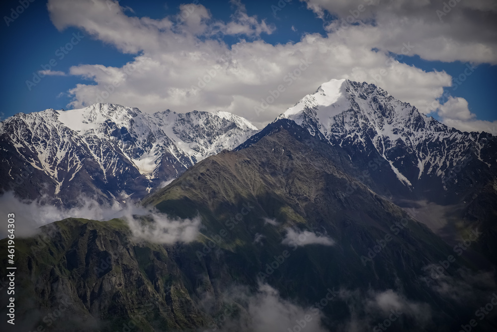 Mountain Ridge with Snow-Capped Peaks at North Ossetia. Caucasus Range