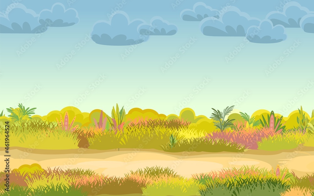 The road through the meadow. Autumn grassy glade. Grass close up. Mainly cloudy. Uncut lawn. Trail. Cartoon style. Flat design. Seamless illustration. Vector art