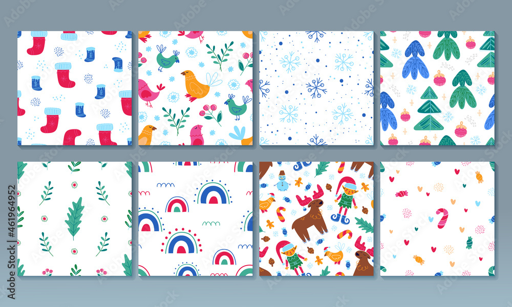 Set of Seamless Pattern Happy New Year, Merry Christmas illustration. Colorful Collection Cartoon illustration Digital Paper. Vector