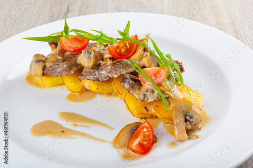 stewed pork with mushrooms tomatoes potatoes with mustard sauce