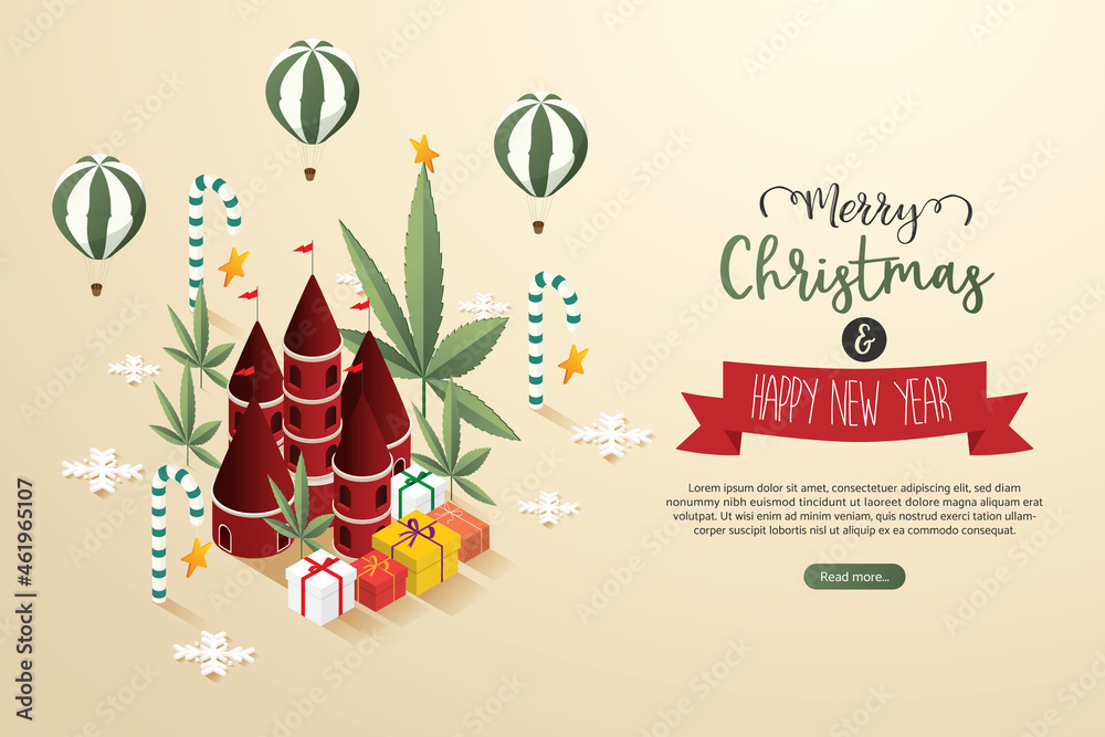 Naklejka premium Christmas city toy wonderland fantastic, gift, balloon, Marijuana leaf tree..