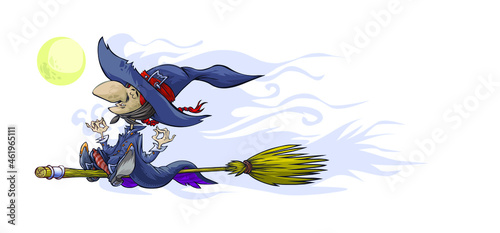 Cartoon of a witch flying on a broom in yoga pose. (ID: 461965111)