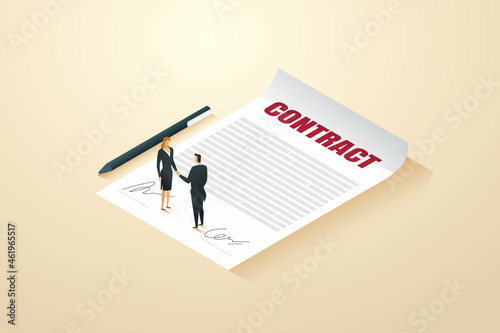 Businessman and businesswomen handshake, pens and contract documents.