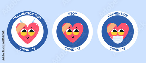 Vaccination icons, stop covid-19, vaccination time, coronavirus prevention. Vaccine stickers with heart in medical mask, medical plaster, syringe for injections. Immunization concept.