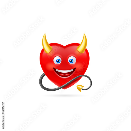 Red Heart Character with Golden Horns and Devil Tail. Cute Cartoon Style Illustration. Romantic Love Lovesickness Symbol. St Valentine Greeting Card Decor, or Marriage Anniversary