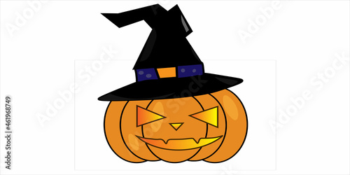 Halloween Monster with the witch hat.Smiley of evil witch in a black tattered hat.Halloween with the white background.
