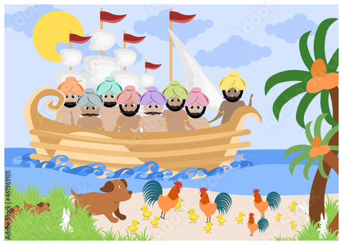Cartoon mercantile group reach to island from the ship. Dogs  rabbits  hens  chicks feeding on the beach. 