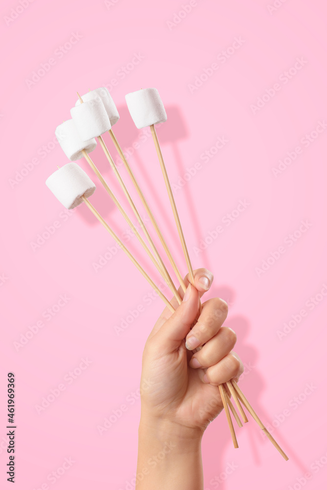 A female hand holds a group of skewers with marshmallows on a pink background. A female hand holds a group of skewers with marshmallows on a pink background.