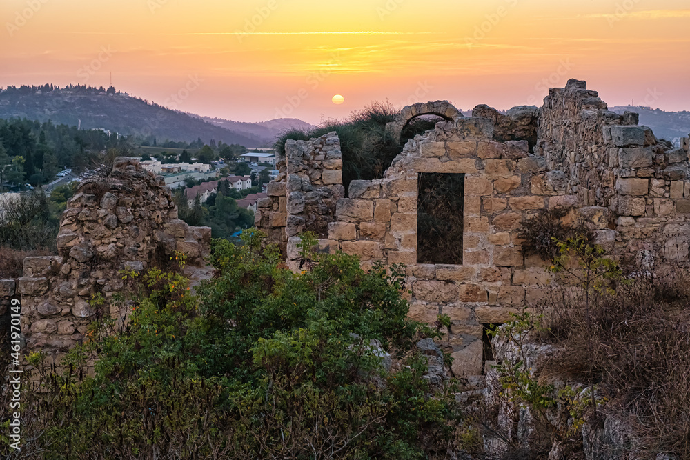 Sunset at the ruins of crusader castle Belmonte near kibbutz Tzova, Israel