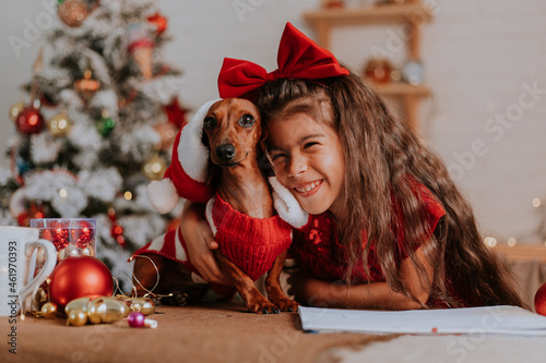 cute little girl in a red dress and a dwarf dachshund in a Santa Claus costume celebrate Christmas and New Year in a beautifully decorated room and a Christmas tree. winter concept. place for text