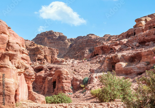 Rocky desert mountains landscape from the ancient city of Petra, Jordan.