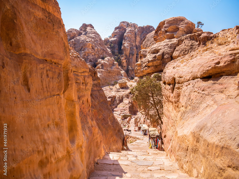 View with the Ed-Deir Trail stone stairs that leads to the monastery in the ancient city of Petra, Jordan