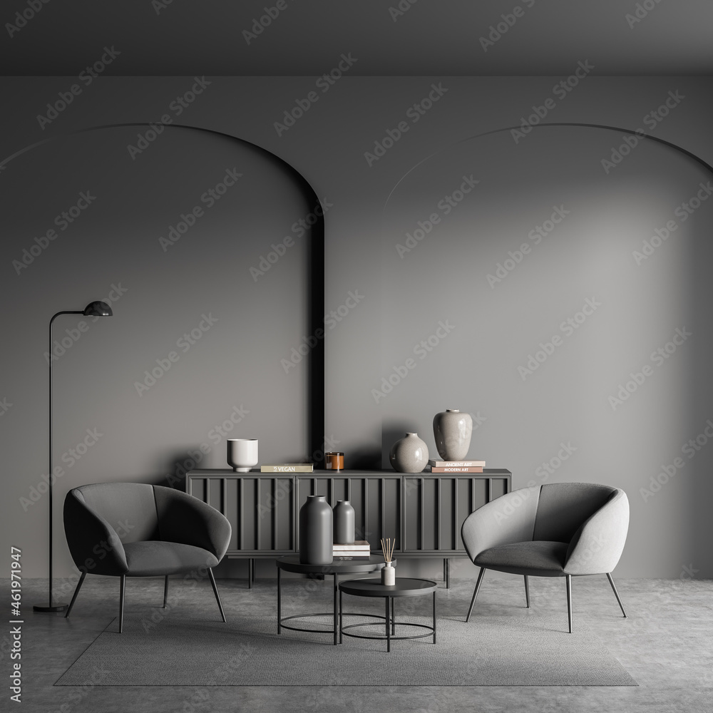 Dark living room interior with armchairs and drawer with decoration, mockup - obrazy, fototapety, plakaty 