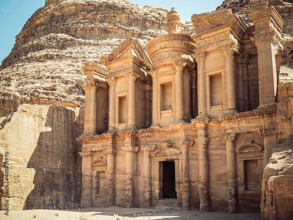 Ad Deir (The Monastery), the monumental building carved in red rock in the ancient city of Petra, Jordan