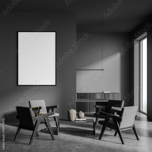 Grey office room interior with four chairs and coffee table, mockup poster