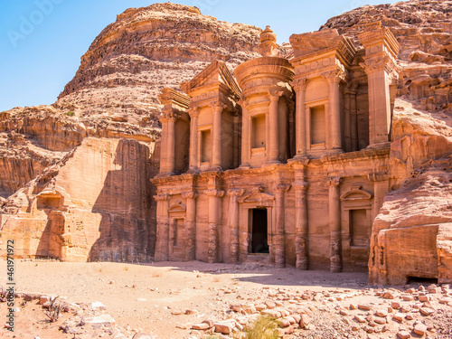 Ad Deir (The Monastery), the monumental building carved in red rock in the ancient city of Petra, Jordan