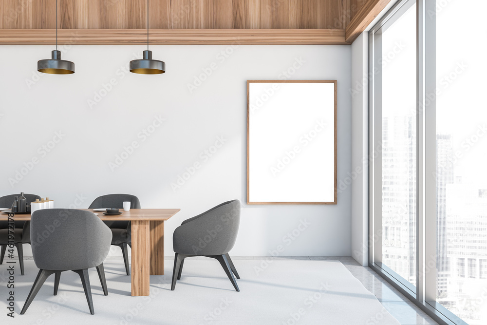 Fototapeta premium Empty frame on white dining room wall