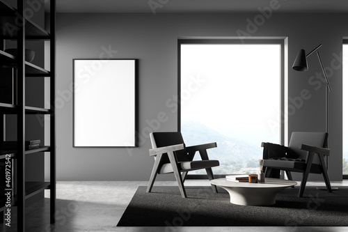 Empty mockup canvas in grey living room with two armchairs