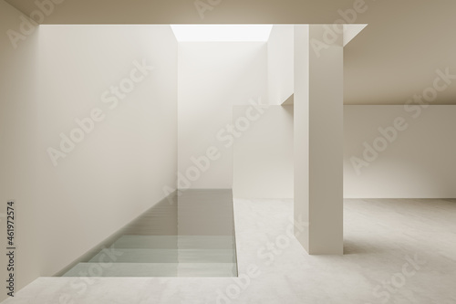 Beige empty living room interior with staircase, concrete floor and mockup