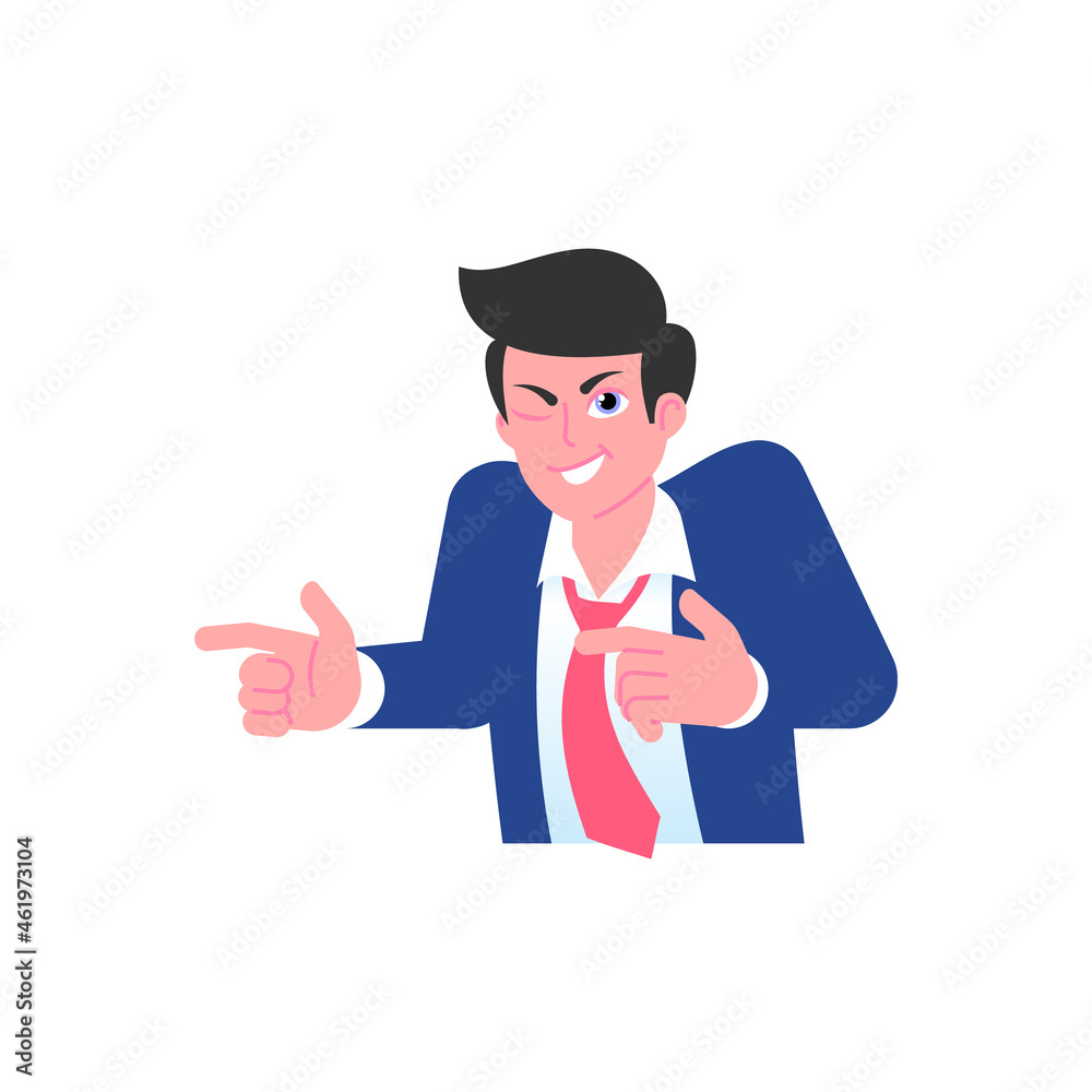 Playful businessman winks and points fingers. Successful business, positive mood concept. Male emoji character with different emotion and gesturing. Vector illustration isolated on white background